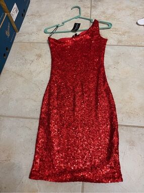 Fashion Nova Red Sequin One-Shoulder Cocktail Dress